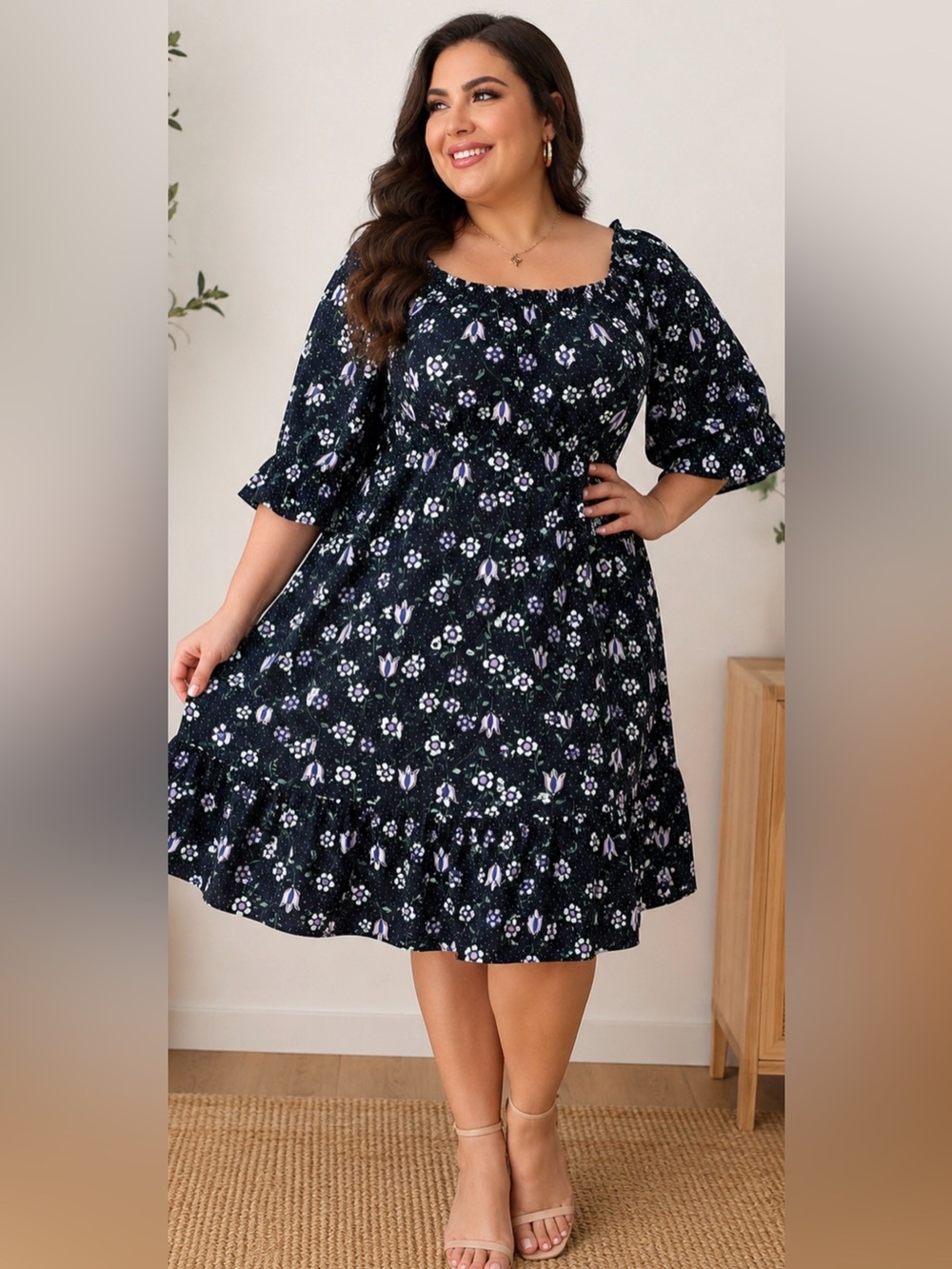 Eloquii black Floral Square-Neck Midi Dress